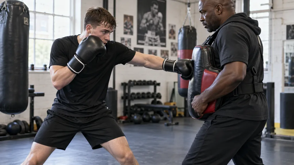 Adult boxer completing a controlled body-shot pad drill and recovering into a balanced guard as a coach observes