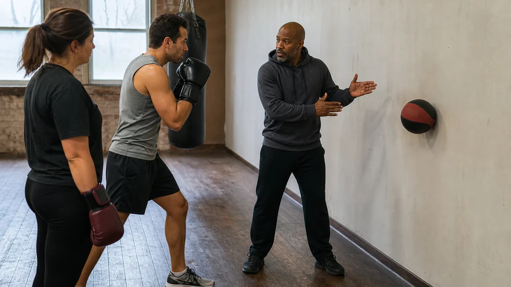 Coach checking an adult boxer's stance during a wall-ball punching drill