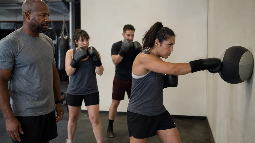 Adult recreational boxer using short touches to keep a medicine ball against a plain gym wall