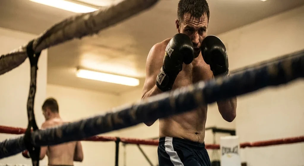 Mexican style boxer edging an opponent to the ropes with compact guard and stalking feet