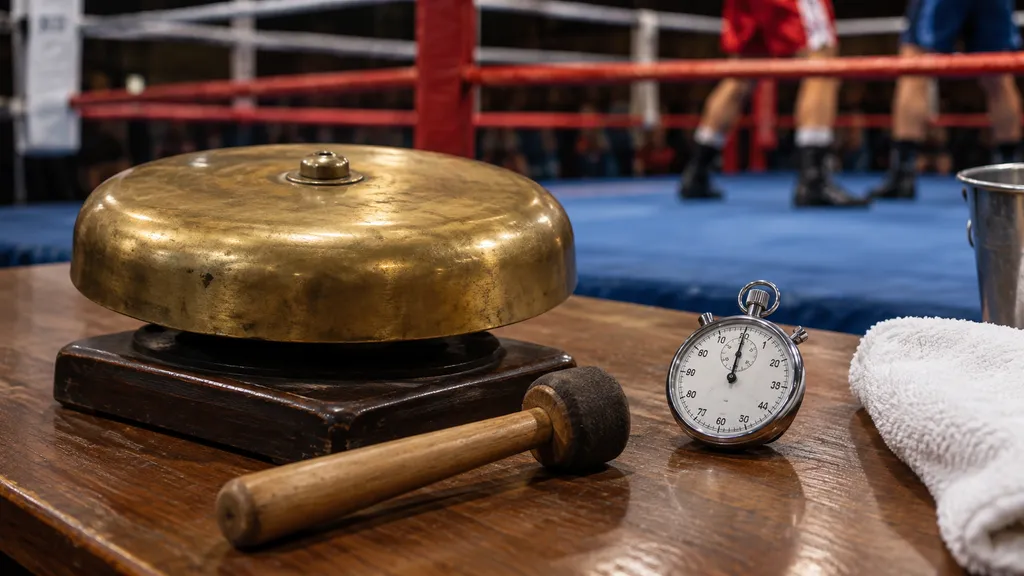 Illustration of a ringside bell, striker and stopwatch beside boxing ropes