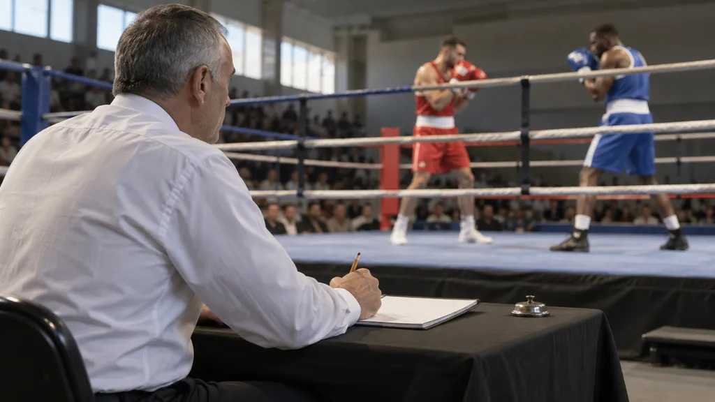 Illustration of a boxing judge watching the ring from a ringside desk