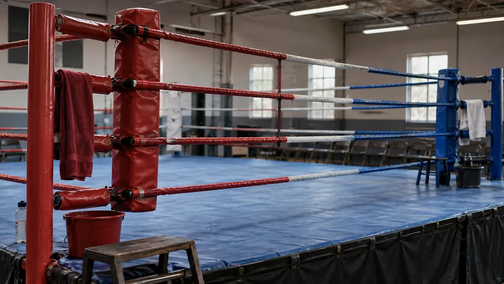 Illustration of red and blue corners in an unbranded boxing ring