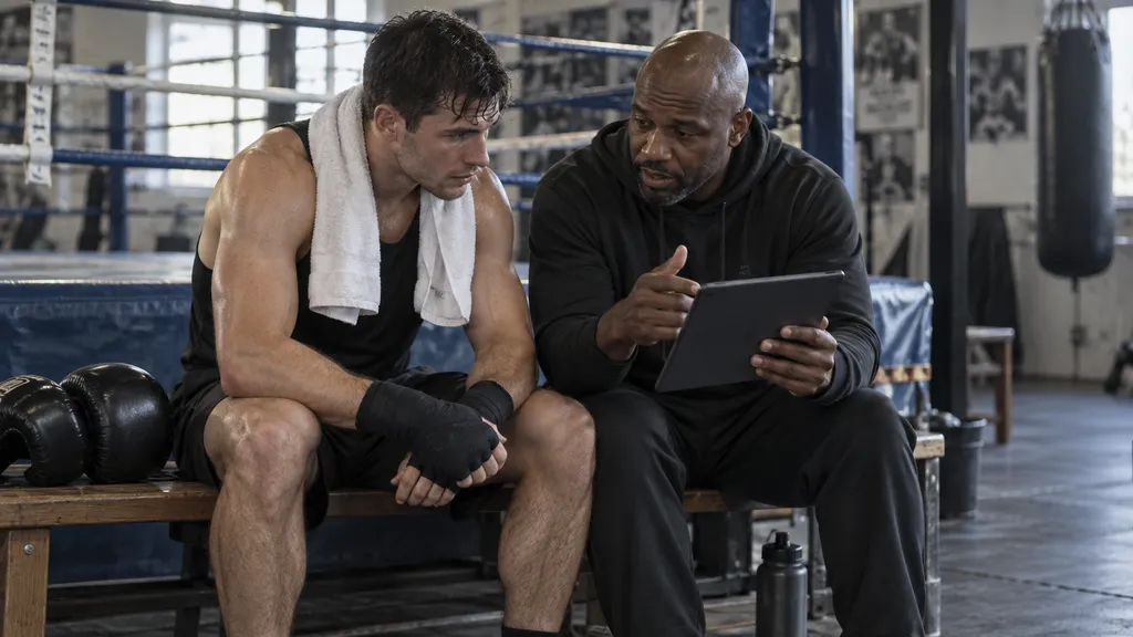 Illustration of a coach and boxer reviewing fight footage beside a training ring
