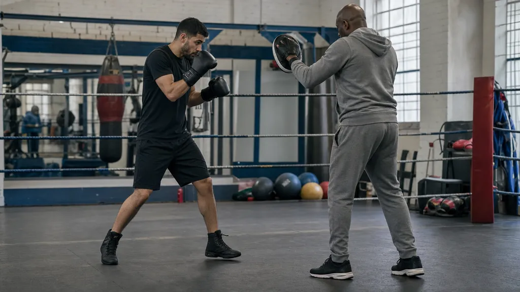 Anonymous adult boxer moving forward in a controlled step-and-slide towards focus mitts in a community boxing gym