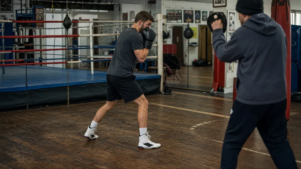 Anonymous adult boxer holding a balanced orthodox stance during a focus mitt drill in a community boxing gym