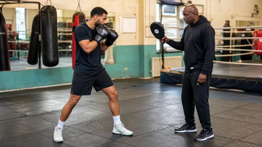 Anonymous adult boxer and coach practising a slow step-in and step-out range drill in a community boxing gym