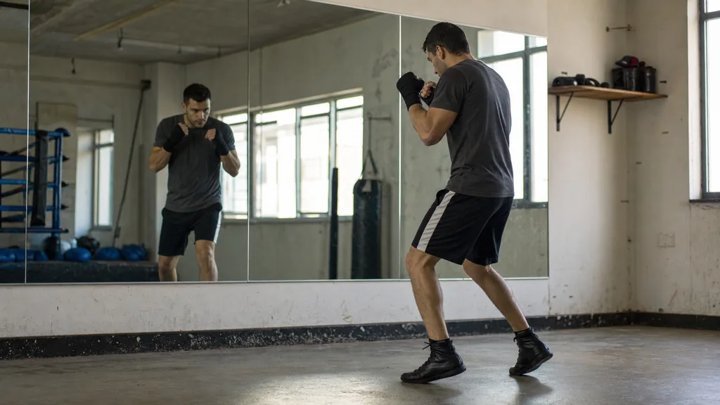 Coach correcting an adult boxer's jab mechanics during slow technical practice