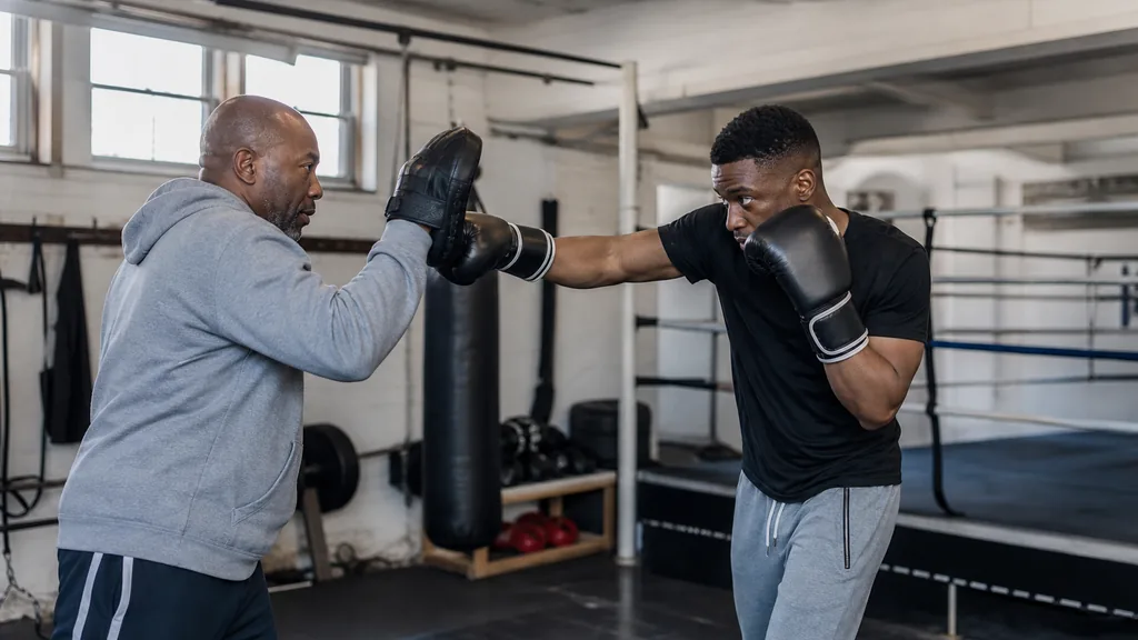 Adult boxer practising controlled shadow boxing footwork while building repeatable movement patterns