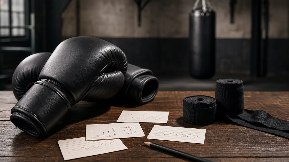 Plain boxing gloves, blank score cards and abstract charts in a gym analysis scene