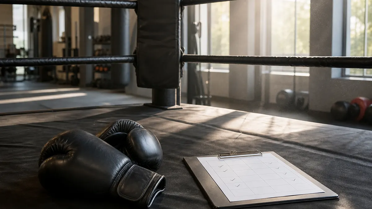 Black boxing gloves, hand wraps and blank chart cards on a gym table