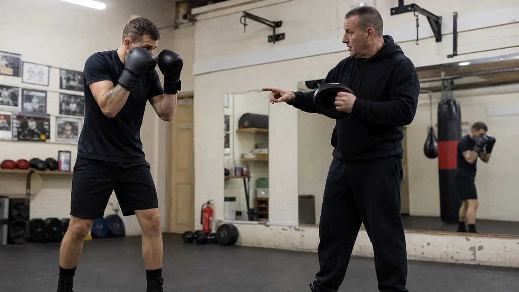 Adult recreational boxer landing a measured straight punch on an unbranded focus mitt while the opposite glove stays close to the cheek