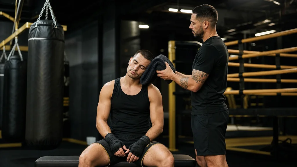 Boxer doing controlled neck isometric training with a coach in a boxing gym