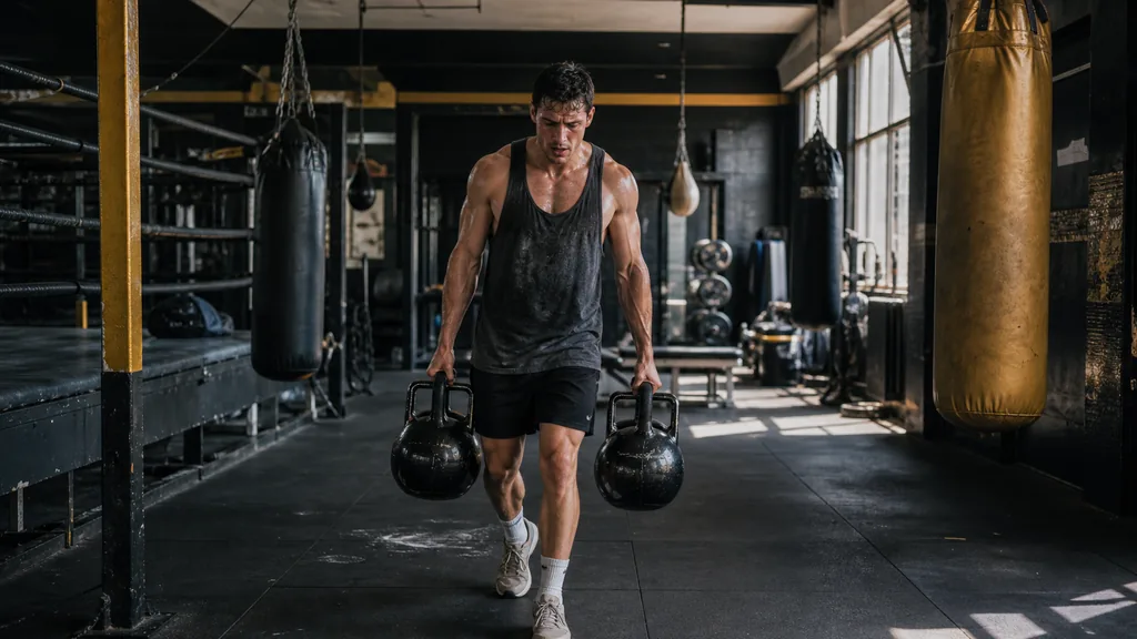 Boxer carrying kettlebells as part of upper back and trap conditioning