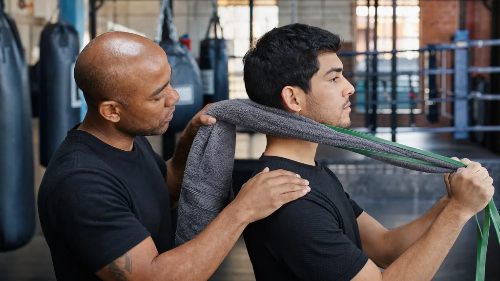 Coach supervising a controlled neck strengthening drill in a boxing gym