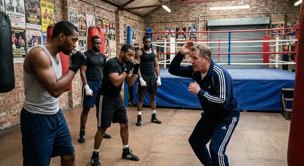 A boxer drilling controlled footwork in a modest gym setting