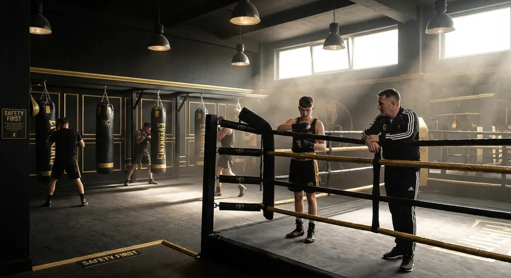 Young boxer practising pad work with a coach