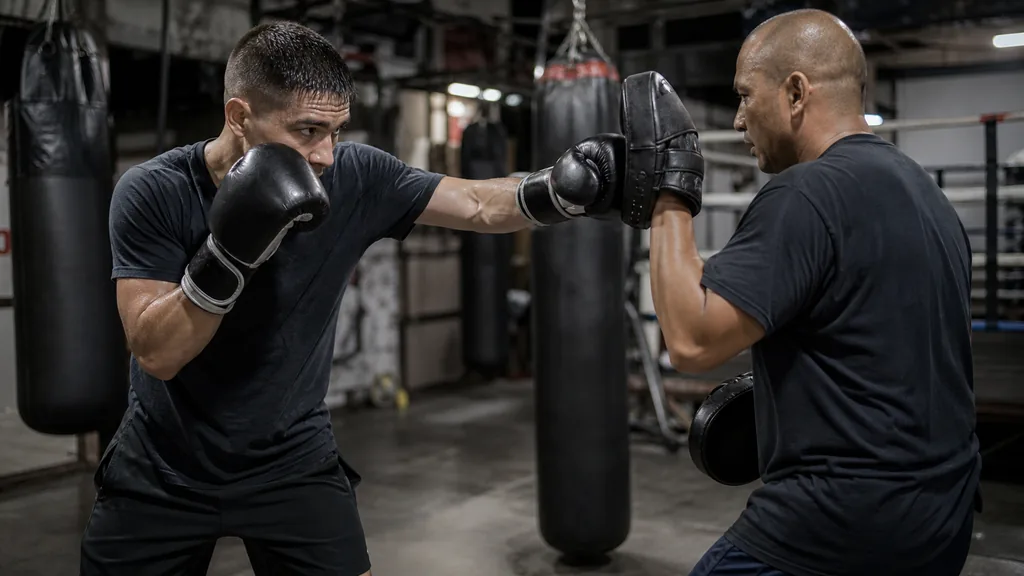 Anonymous adult boxer recovering their guard after a straight punch during a technical gym drill