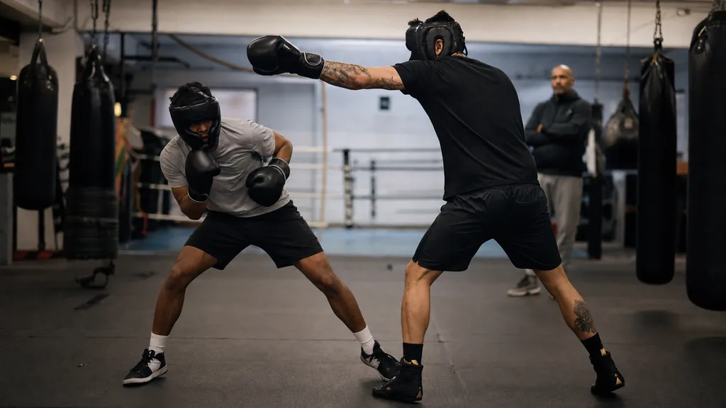Adult boxer and coach practising a controlled straight-punch and guard-recovery pad drill