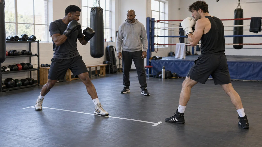Adult southpaw boxer using a compact pre-slip beside a coach-held focus mitt in an unbranded community boxing gym