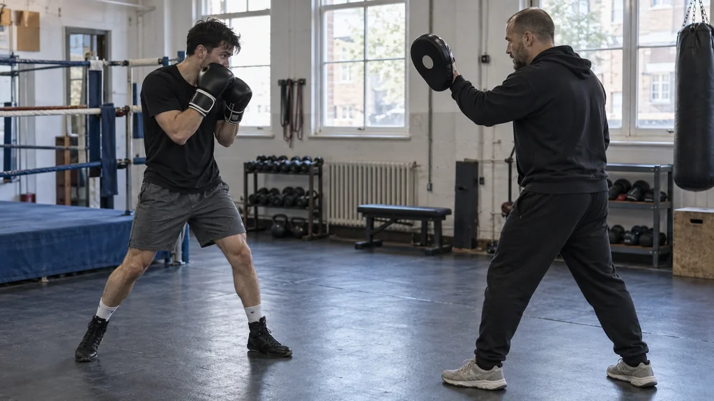 Coach marking an outside floor line while two adult boxers practise a slow open-stance footwork drill in a plain community boxing gym