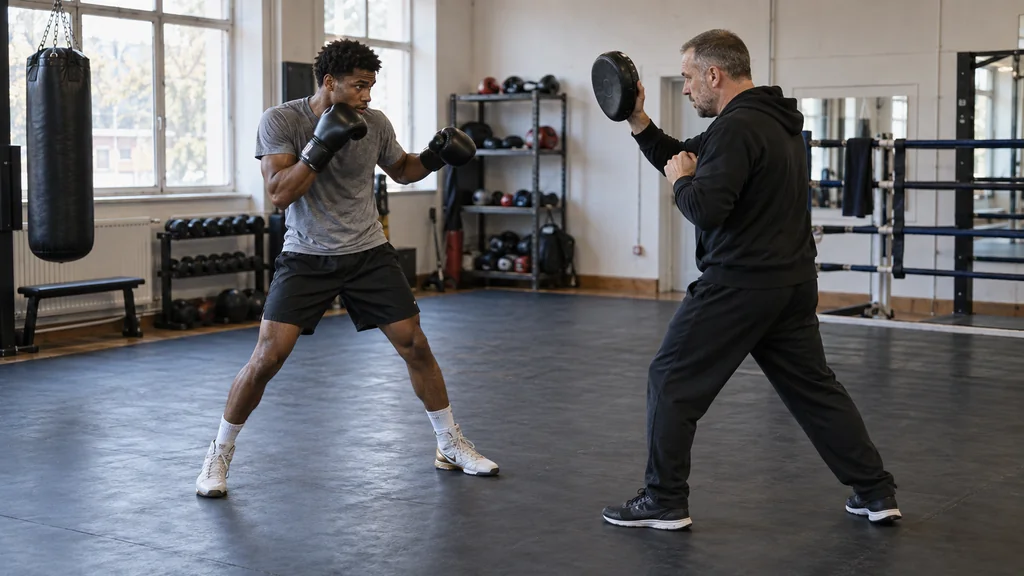 Adult southpaw boxer returning to guard after a small outside-angle step during a controlled focus-mitt drill in an unbranded boxing gym