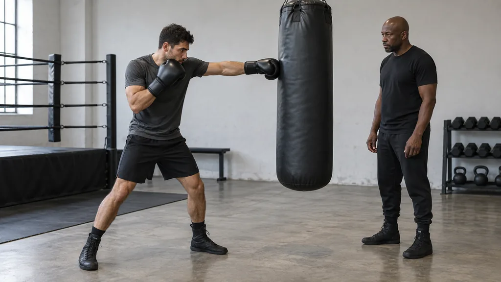 Anonymous adult boxer landing a controlled straight punch on a plain heavy bag while a coach checks balance in a community gym