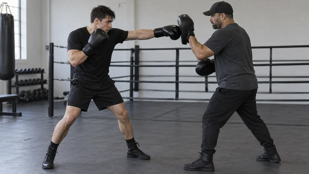Anonymous adult boxer completing a light jab-cross on focus mitts with a balanced guard in a supervised community gym drill