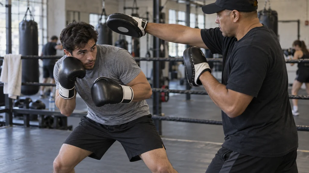 Adult boxer slipping outside a slow straight focus-mitt cue while keeping both gloves high in a community boxing gym