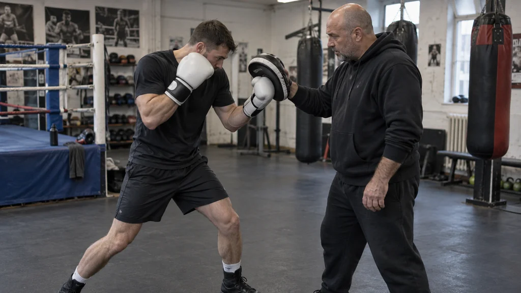 Anonymous adult boxer balanced outside a straight-punch line while a coach prepares a close uppercut mitt