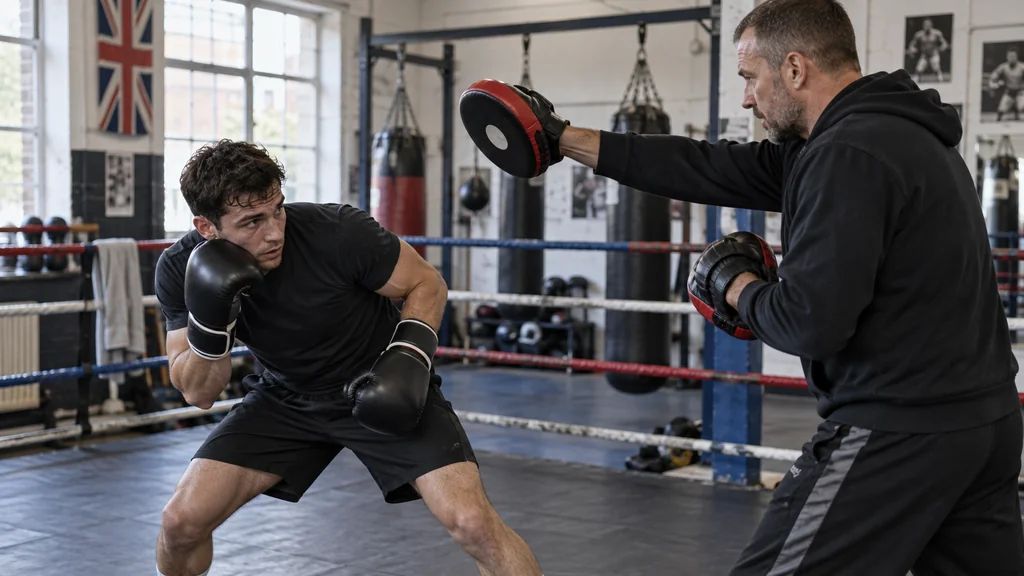Adult boxer practising a compact outside slip beneath a coach-held focus mitt in a slow technical drill