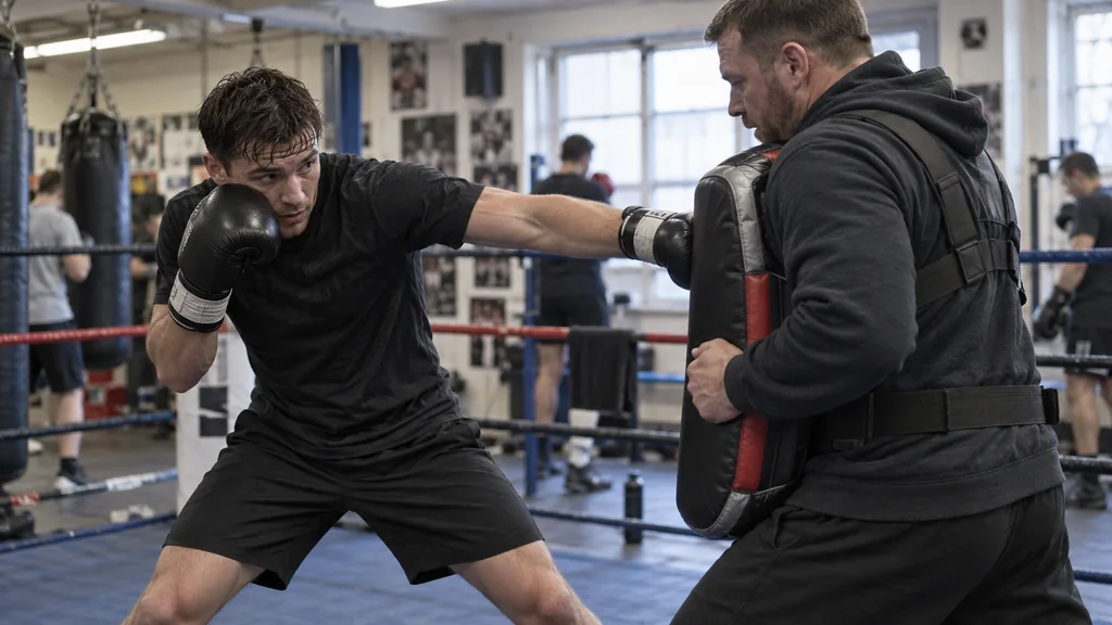 Anonymous adult boxer practising a compact outside slip away from a slow focus-mitt jab in a community boxing gym