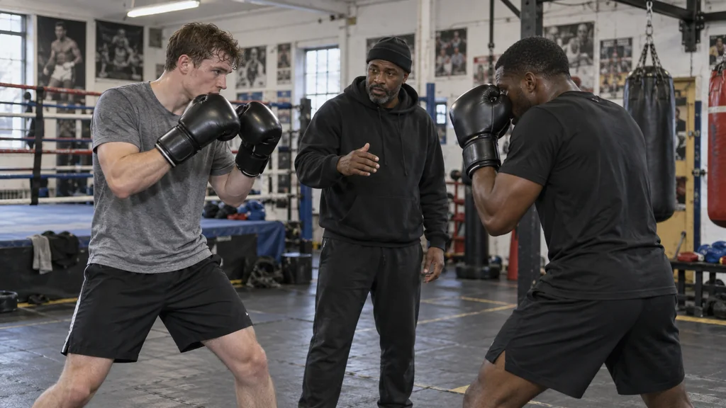 Anonymous adult boxer landing a light rear body-shot touch on a coach-held shield while the lead glove remains high in a community boxing gym