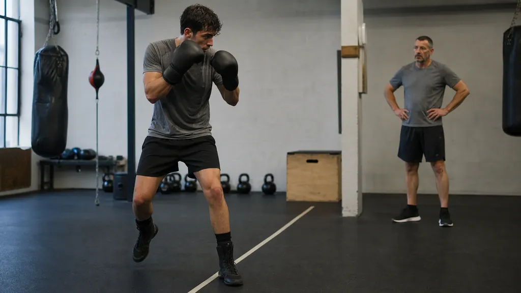 Adult boxer practising a balanced tape-line footwork drill with both gloves returned to guard
