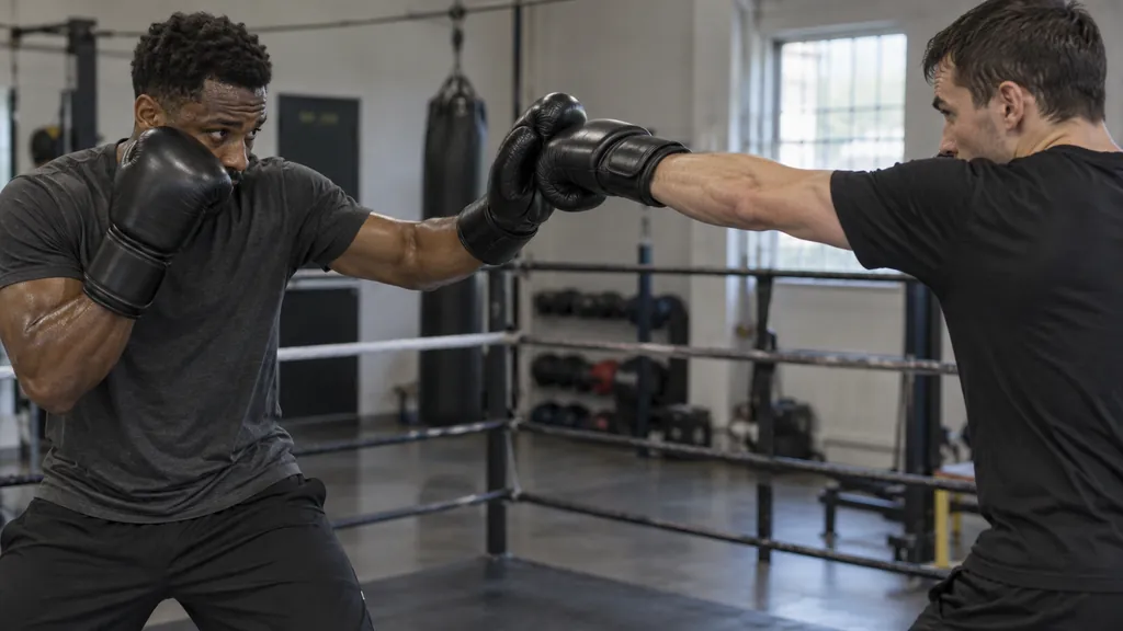 Adult boxer using a compact lead-hand parry to redirect a partner's slow straight punch in a controlled gym drill