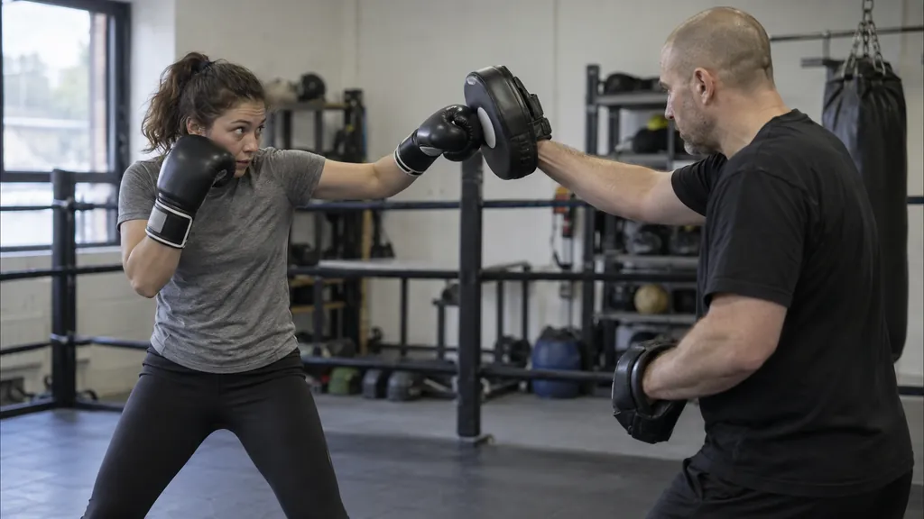 Adult recreational boxer landing a controlled single-jab return on a coach-held mitt after a defensive drill in a community boxing gym