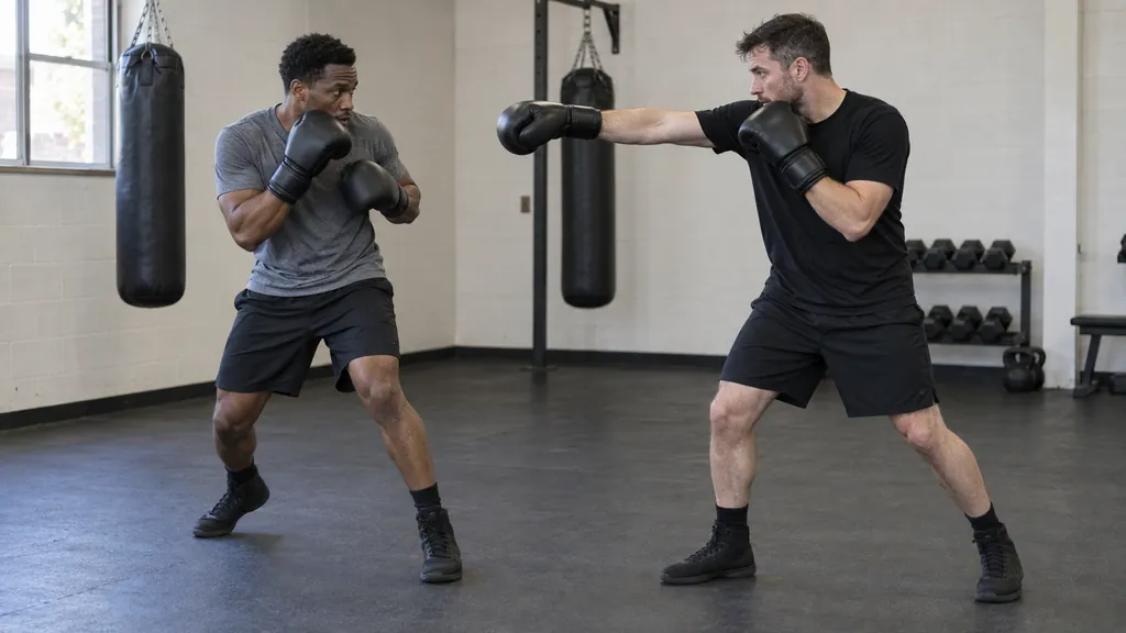 Adult boxer moving sideways in a balanced stance while making a compact parry against a controlled jab line in a community gym
