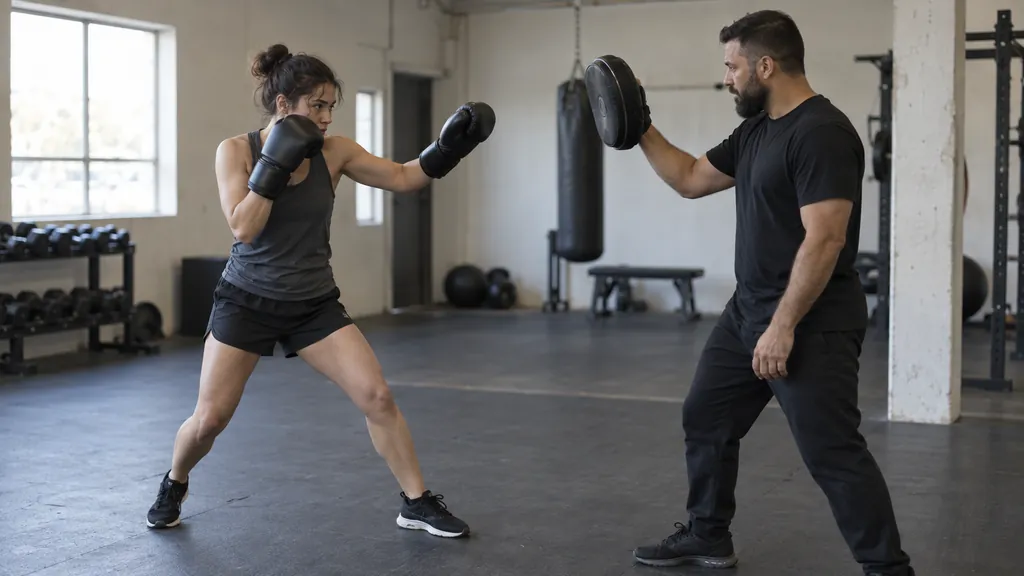 Adult boxer placing a controlled jab on a focus mitt while a coach watches the stance in an unbranded boxing gym