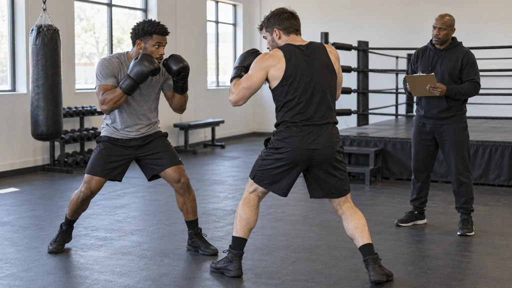 Two anonymous adult boxers holding compact guards during a no-contact partner shadow-boxing mirror drill with a coach watching