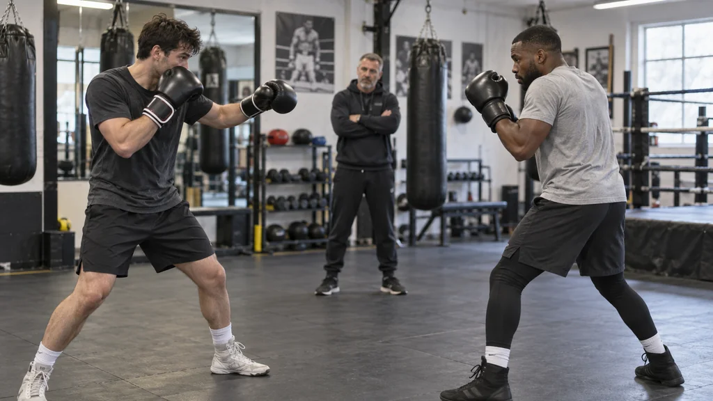Two anonymous adult boxers at safe distance during a controlled no-contact boxing reaction drill while a coach observes