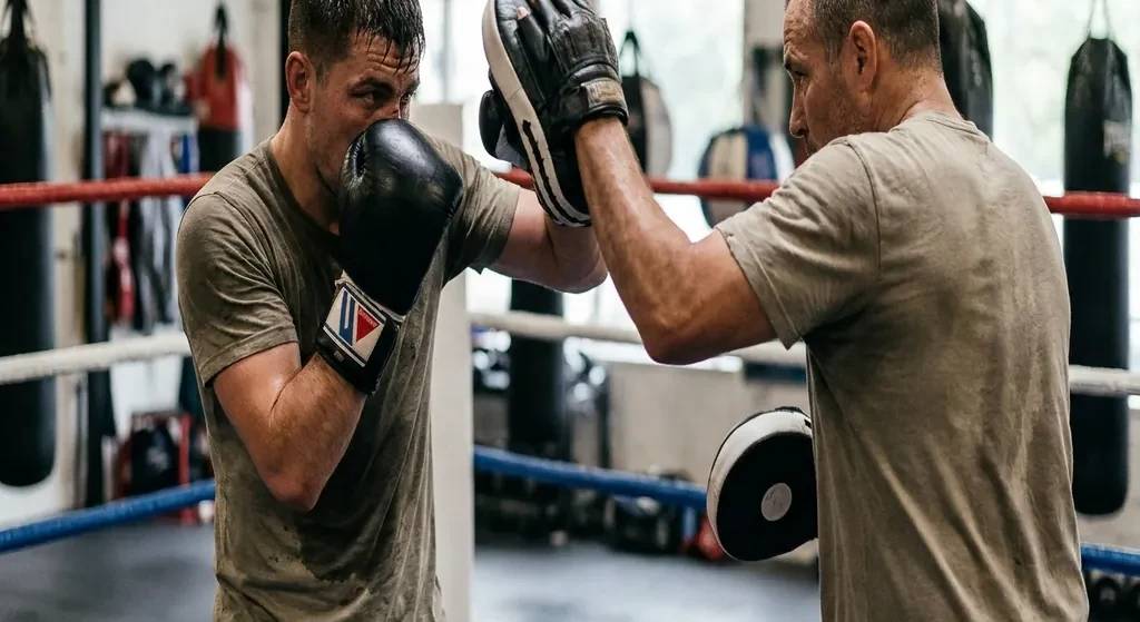 Boxer using peek-a-boo head movement and high guard during a close-range drill in a boxing gym