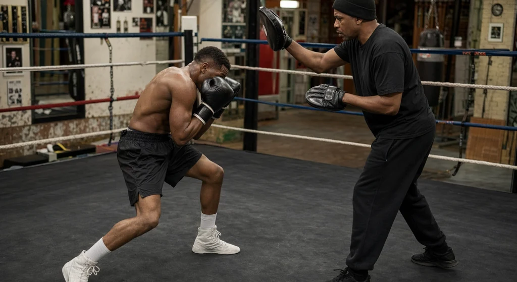 Compact pressure fighter stepping inside with a high guard and short hook in a realistic boxing session