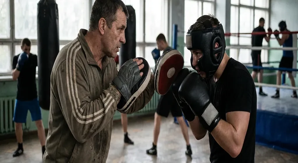 Coach guiding a boxer through short-range combinations and guard discipline in a boxing gym