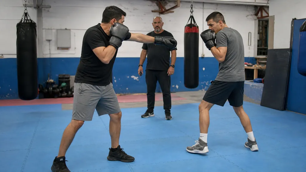 Two adult boxers practising a slow non-contact straight-punch and retreat drill under coach supervision