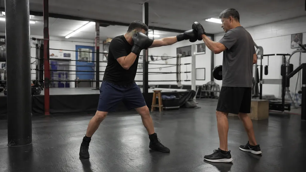 Adult boxer returning into range with one controlled jab on a focus mitt during a technical footwork drill