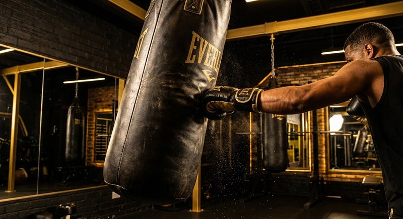 Boxer performing explosive training on heavy bag in dark gym with gold lighting