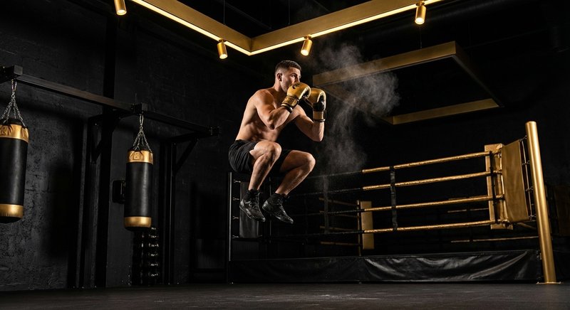 Boxer doing explosive squat jumps training in black and gold gym with dramatic lighting