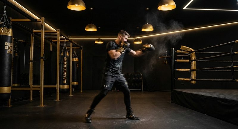 Boxer shadow boxing with explosive fast footwork in a professional boxing gym with gold lighting