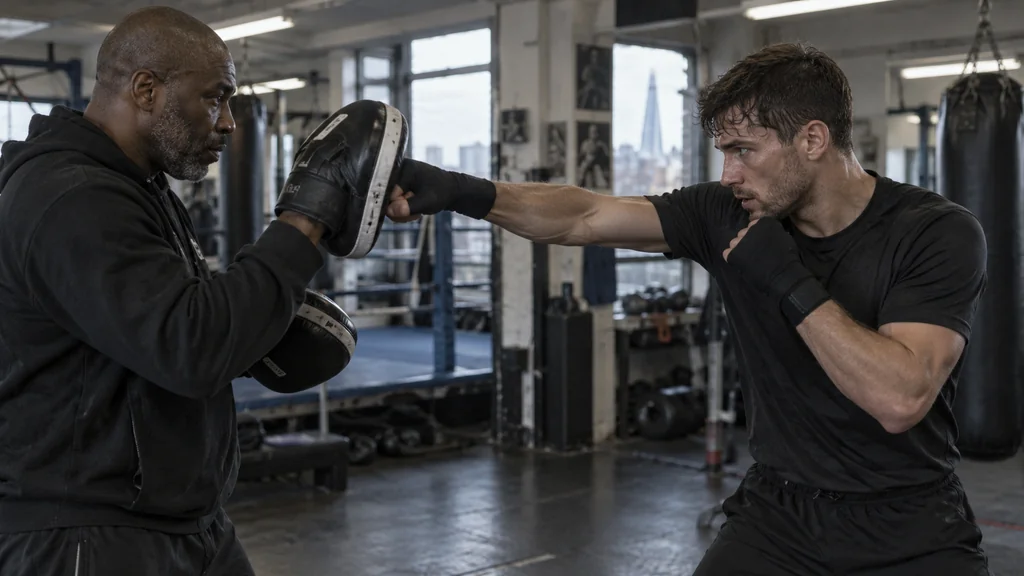 A trainer holding focus mitts while a boxer practises controlled straight punches