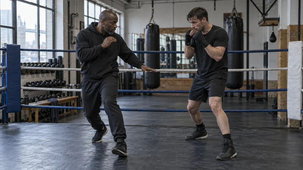 A trainer demonstrating defensive footwork while a boxer mirrors the position in a ring